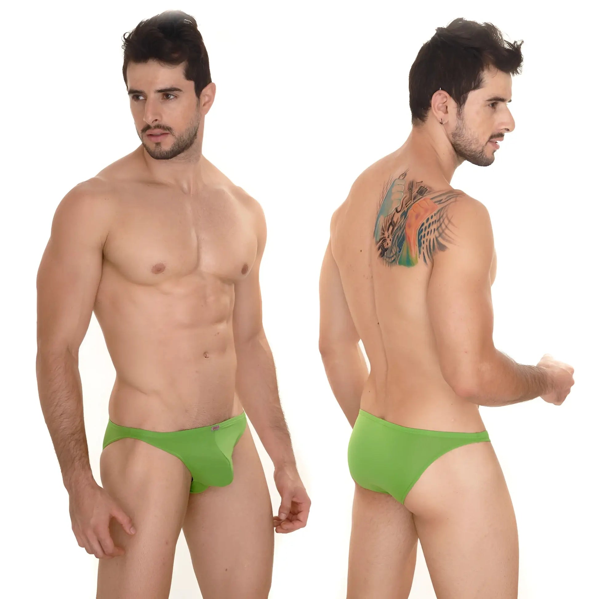 Bright green form-fitting briefs from metromalewear sunbathing bikini designed for comfort and style