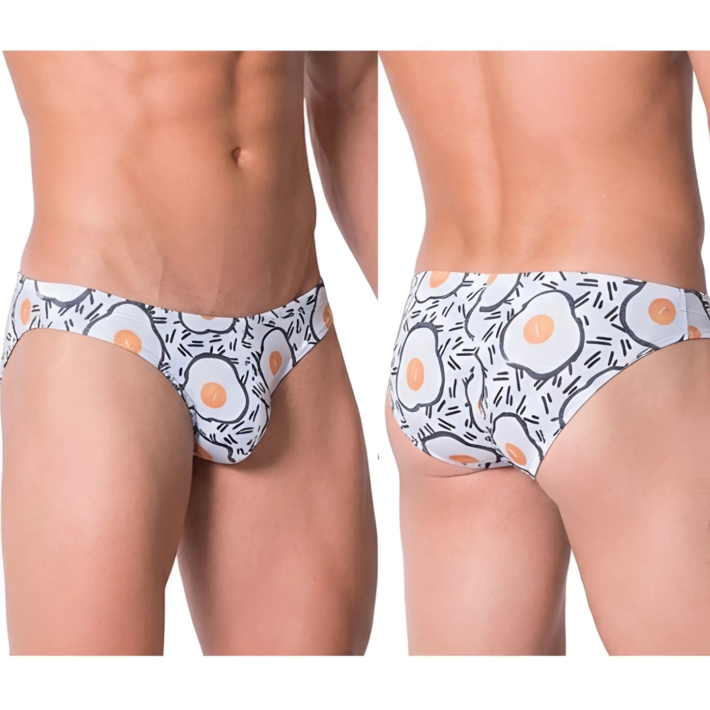White briefs with playful fried egg pattern featuring black outlines and orange yolks metro male wear sunny side bikini
