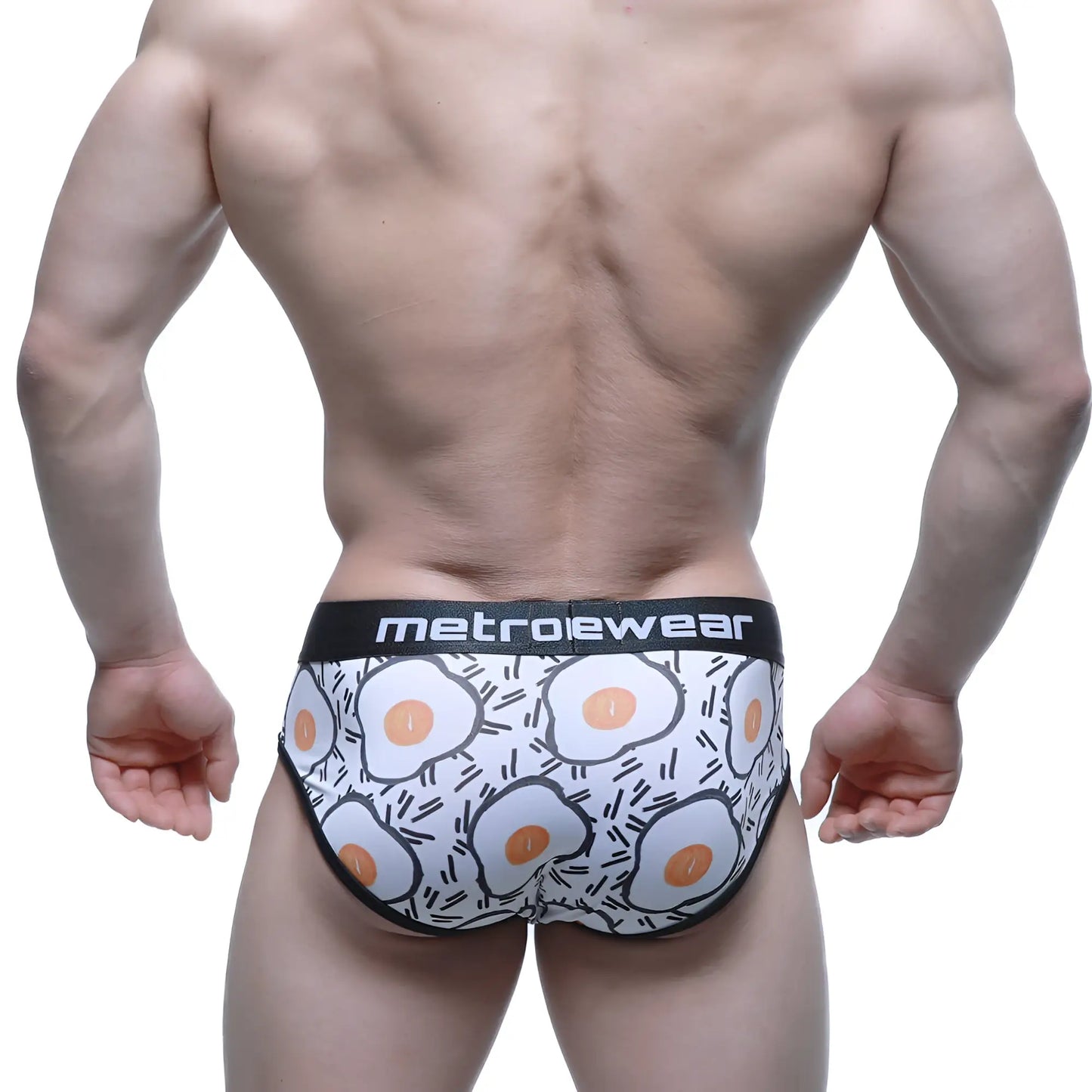 White briefs with playful orange and black fried egg pattern and metroewear branded waistband metroMaleWear Sunny Side Brief 5203-64