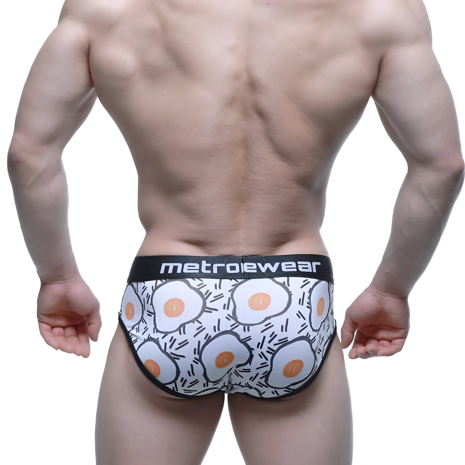White briefs with playful orange and black fried egg pattern and metroewear branded waistband metroMaleWear Sunny Side Brief 5203-64