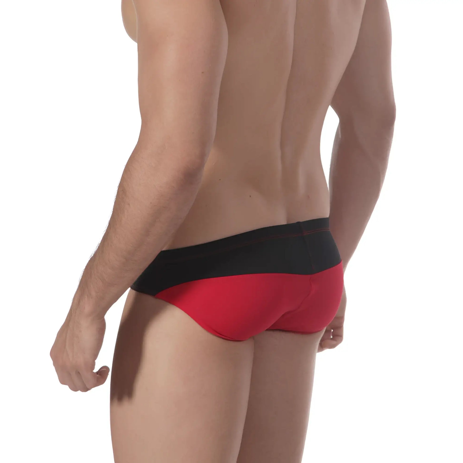 Red and black metro male wear sunrise bikini briefs with a sleek form fitting design in breathable fabric