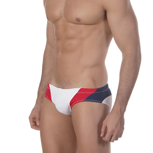 MetroMalewear sunrise bikini white 4919-00 swim trunks with red white and navy blue modern geometric stripes