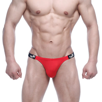 Red athletic briefs with black waistband featuring white sup branding metroMalewear SUP bikini Valentine red 3604-12