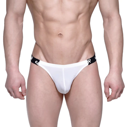 Metro malewear sup bikini white thong with black elastic waistband featuring a repeating logo pattern