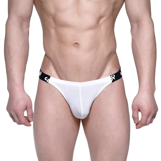 Metro malewear sup bikini white thong with black elastic waistband featuring a repeating logo pattern