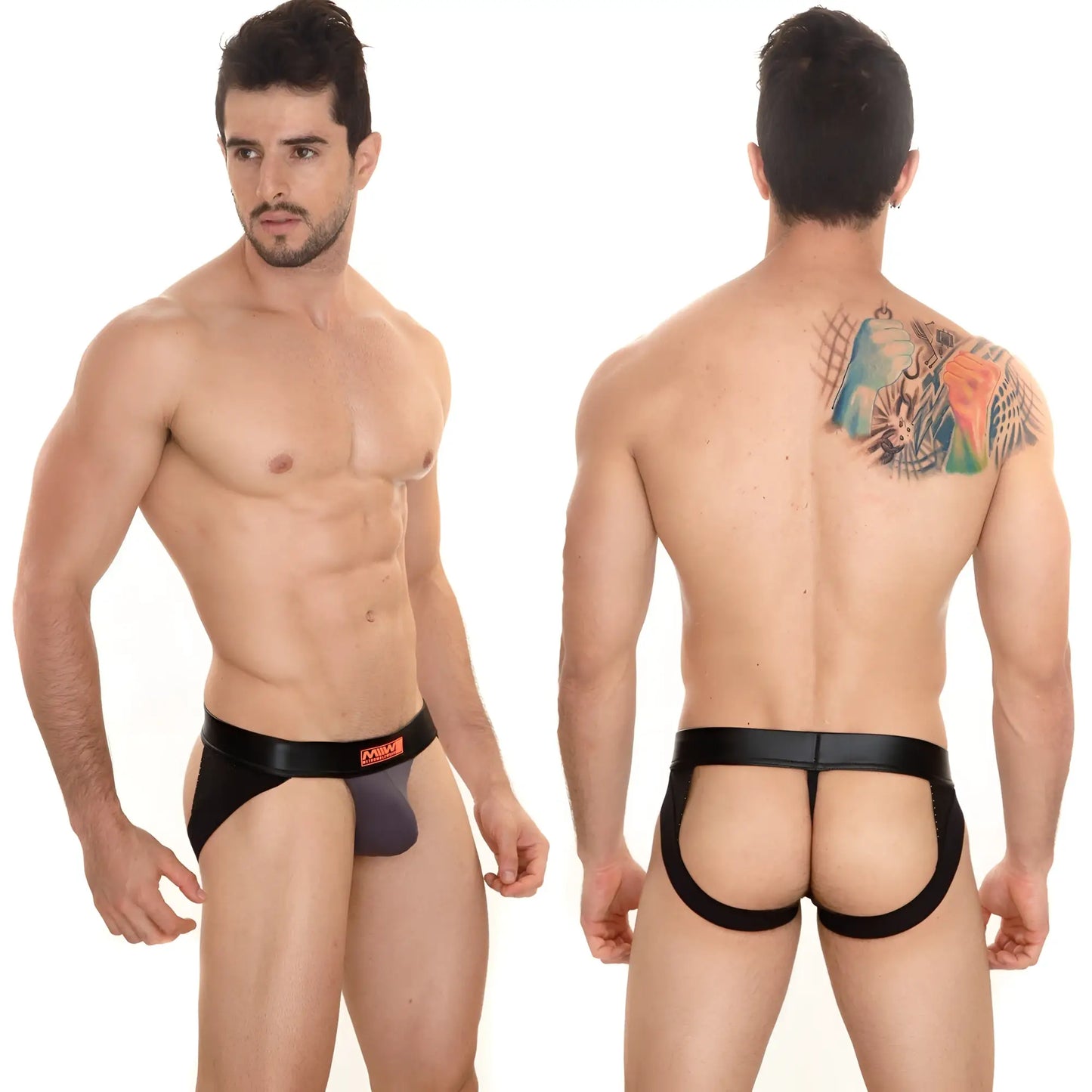 MetroMaleWear Super jock strap charcoal 2001-11 black leather thong with purple inner panel and orange waistband logo