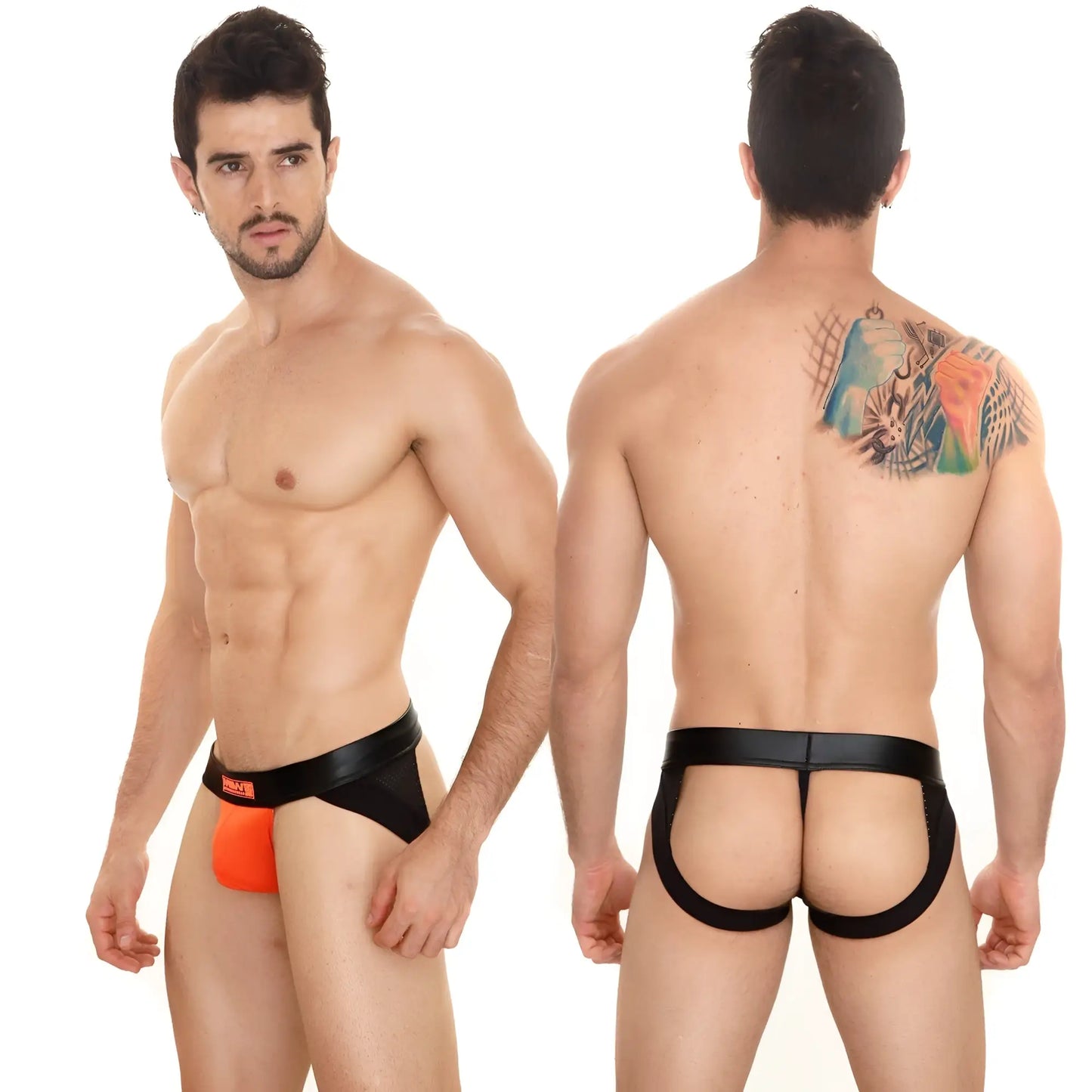 Black and orange mens thong with black elastic waistband featuring MetroMaleWear logo for stylish support