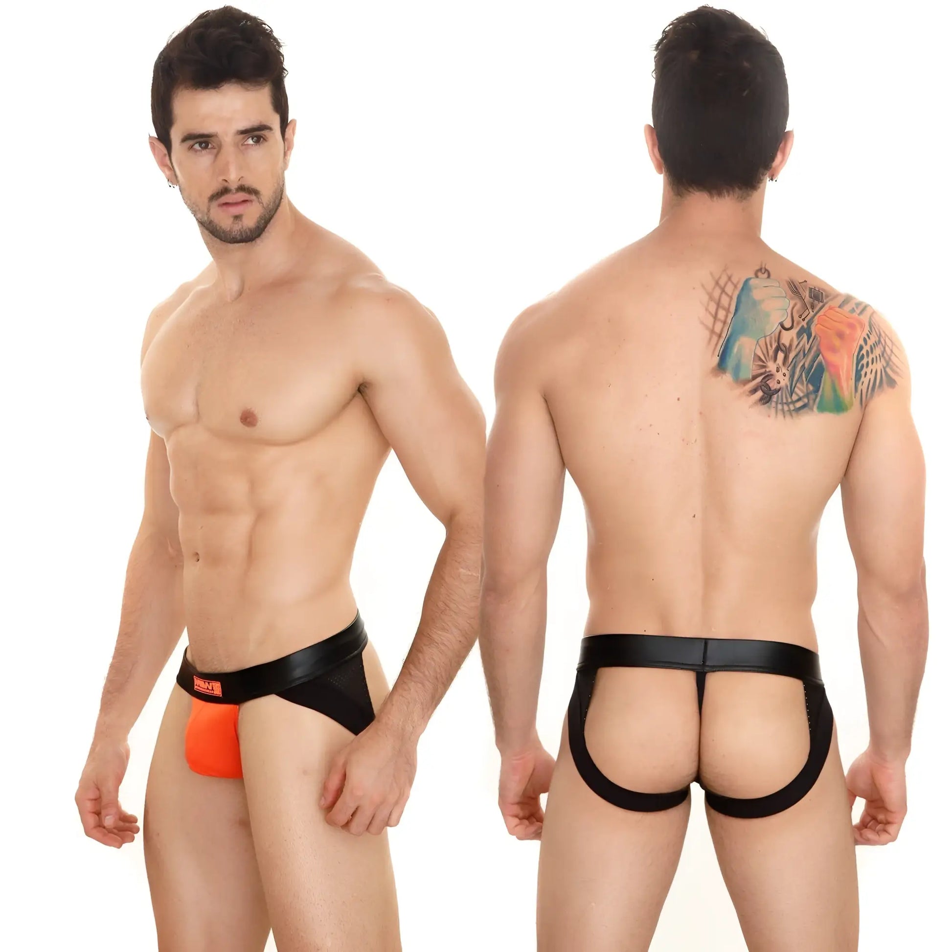 Black and orange mens thong with black elastic waistband featuring MetroMaleWear logo for stylish support