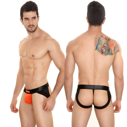 Black and orange mens thong with black elastic waistband featuring MetroMaleWear logo for stylish support