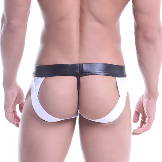 Black and white leather-like briefs with shiny sleek design from metromalewear super jock strap white 2001-03