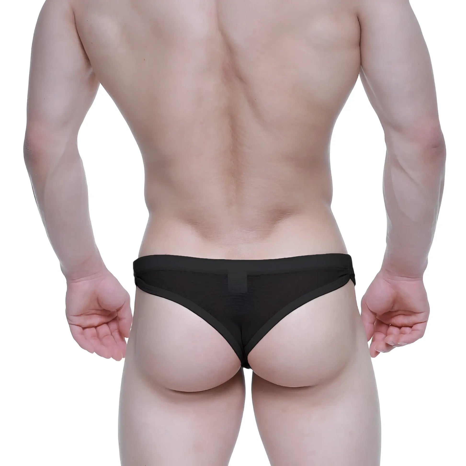 Black mesh super lowrise thong with solid black waistband by metromalewear showing back side view