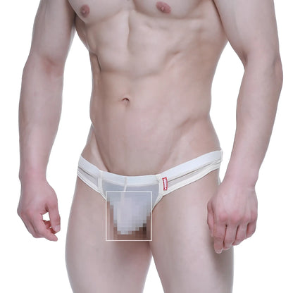 White sheer mesh briefs with red brand tag on waistband metroMalewear super lowrise thong nude 6109-02