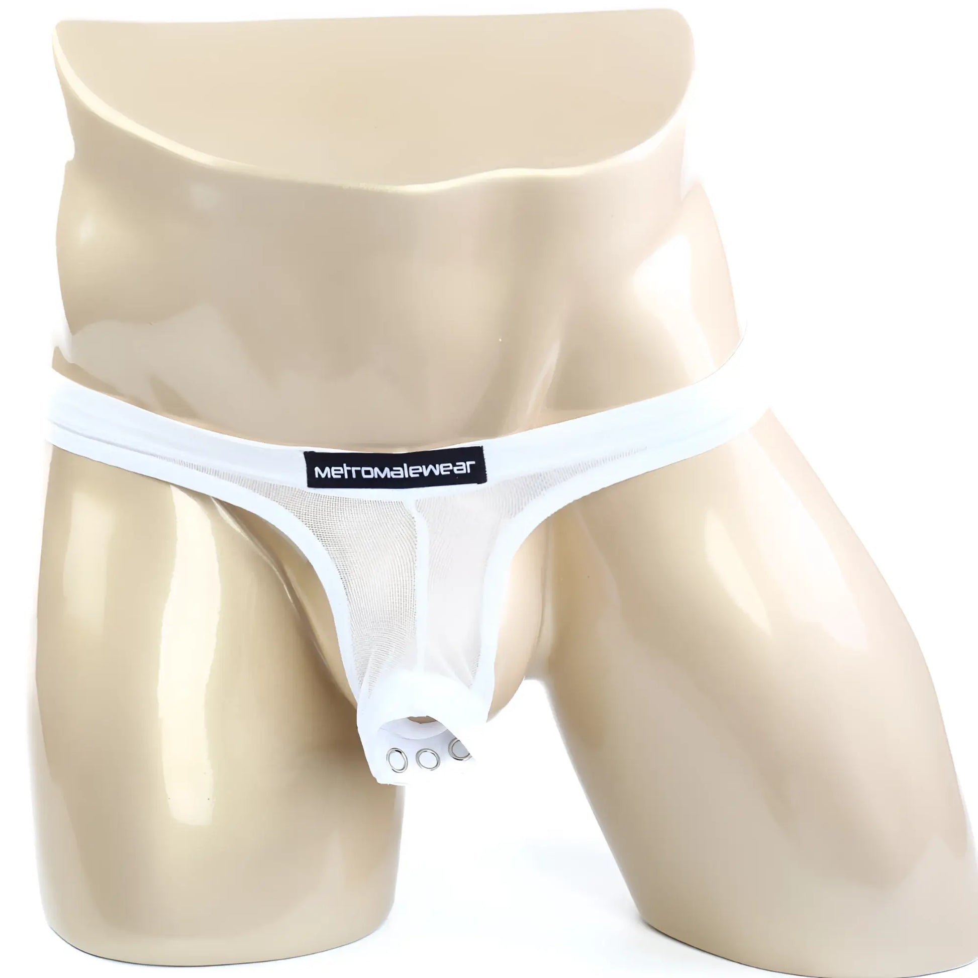 White mesh suspensory thong with black metromalewear label on waistband from MetroMaleWear 0003-71 collection