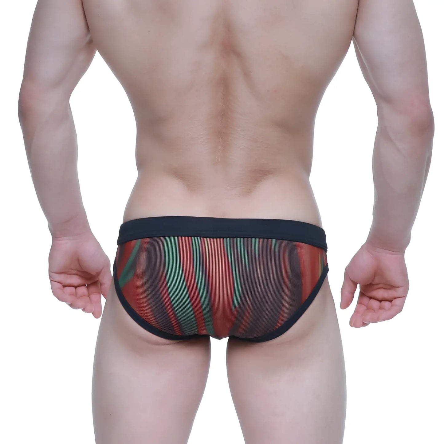 MetroMaleWear swim bikini fire 4920-70 red and green striped mesh briefs with black elastic waistband