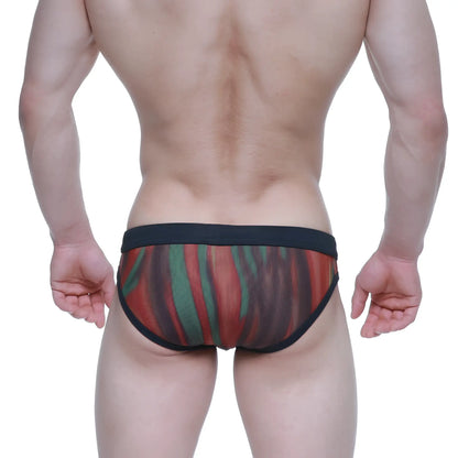MetroMaleWear swim bikini fire 4920-70 red and green striped mesh briefs with black elastic waistband
