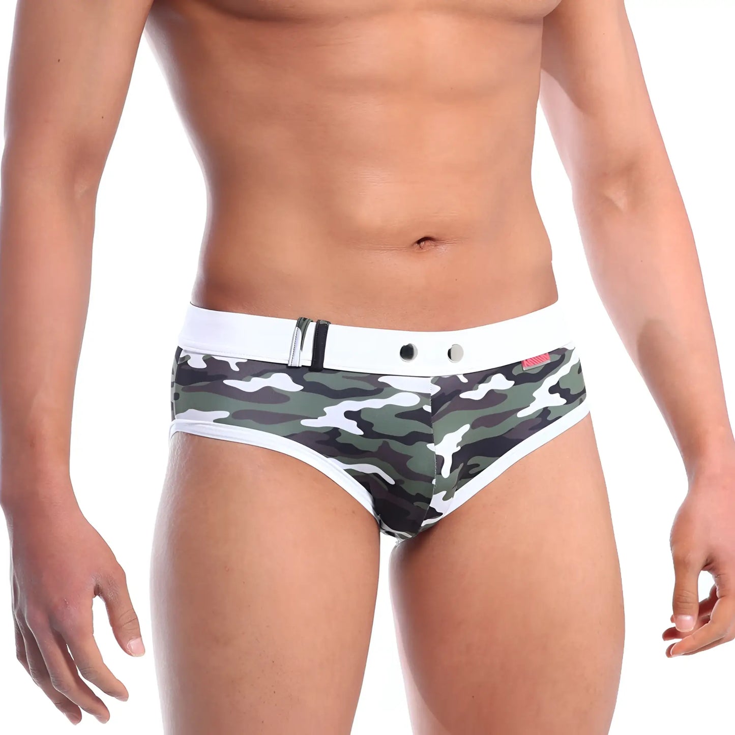 MetroMaleWear swim brief green camo 4916-16 with green and white camouflage pattern and white waistband with silver hardware