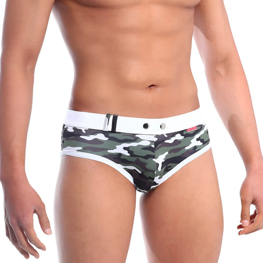 MetroMaleWear swim brief green camo 4916-16 with green and white camouflage pattern and white waistband with silver hardware