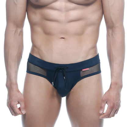 Navy blue metroMalewear swim brief with mesh side panels and drawstring waistband for comfortable swimming