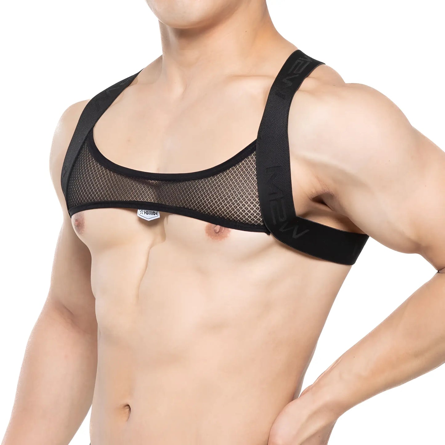 Black mesh sports bra with adjustable shoulder straps and branded tag from metromalewear tank top harness black 1500-20