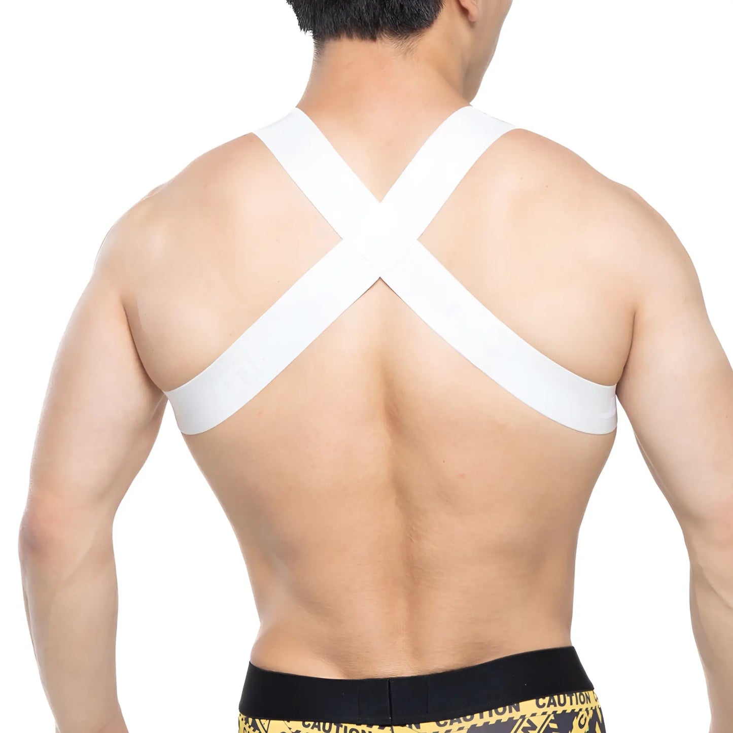 Back view of metromalewear white cross-back support strap harness tank top for shoulder support and style
