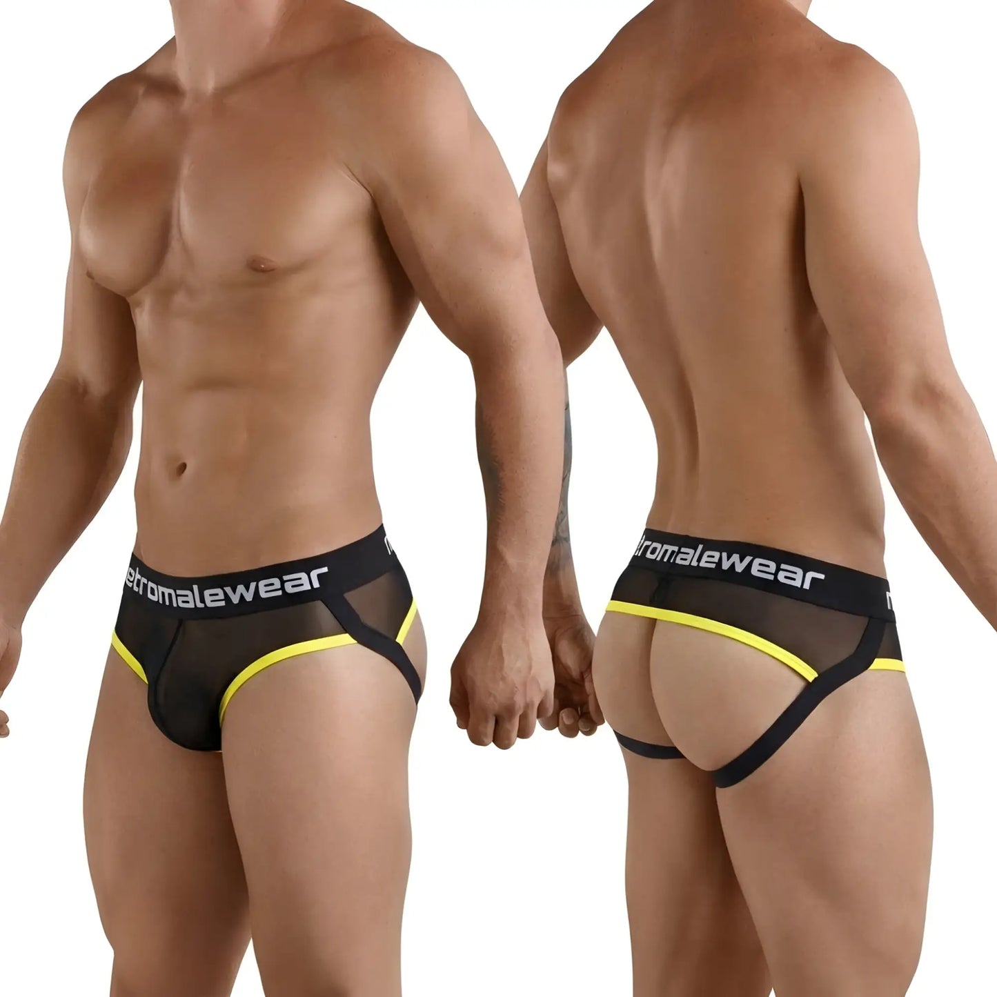 Black and yellow mesh briefs with bold athletic design from metromalewear tequila jock strap 1331-20