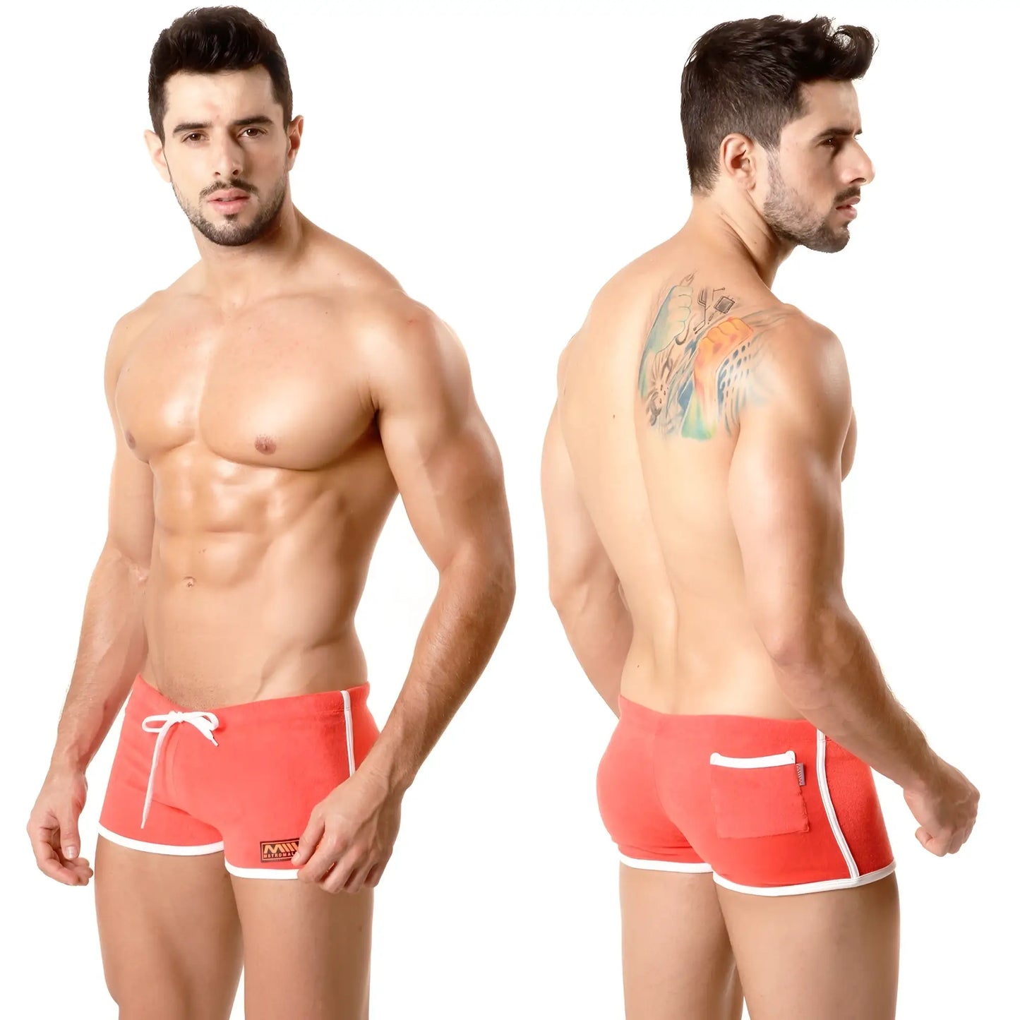 Red athletic swim trunks metroMalewear terry short with white trim and side pocket designed for comfort and activity