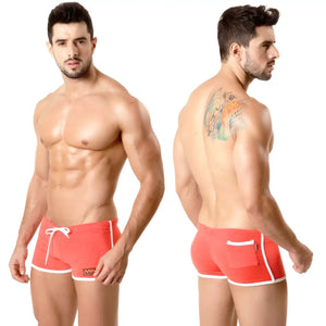 Red athletic swim trunks metroMalewear terry short with white trim and side pocket designed for comfort and activity