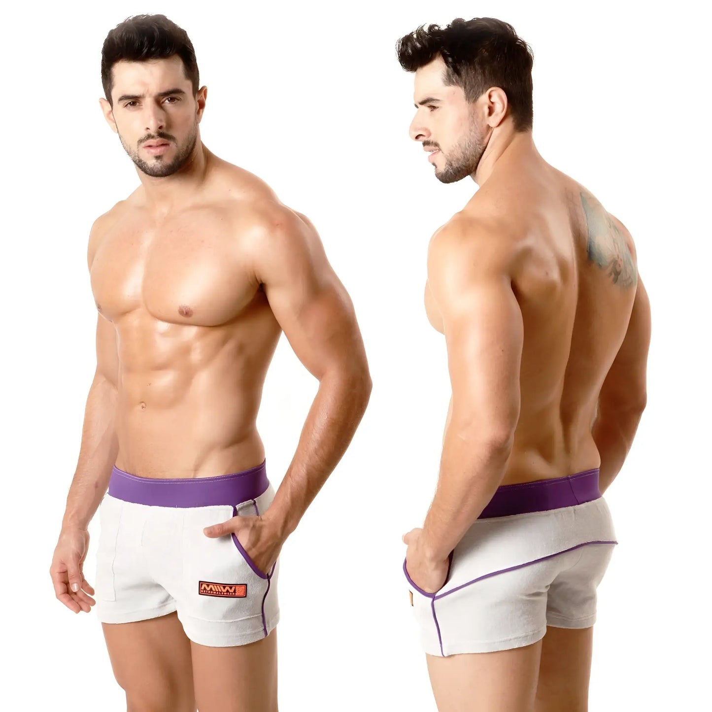 White athletic terry sport shorts with purple waistband trim and orange logo by metromalewear gray purple 4701-10