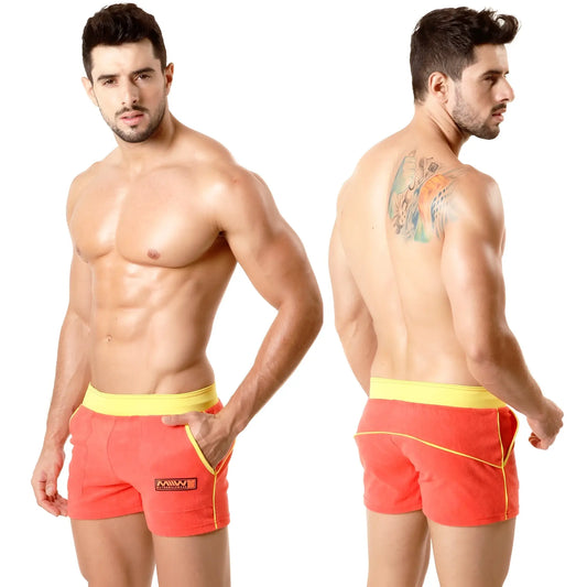 MetroMaleWear terry sport short orange 4701-14 vibrant coral swim trunks with yellow waistband and black logo patch