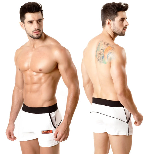 White MetroMaleWear Terry Sport short 4701-00 featuring black elastic waistband trim and orange logo on left leg