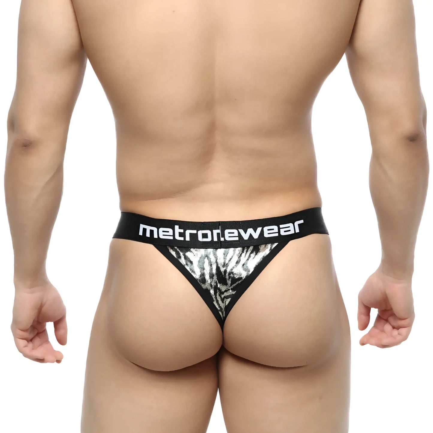 Black and silver zebra-print thong with metronewear branding on waistband metro malewear tiger thong 2912-61