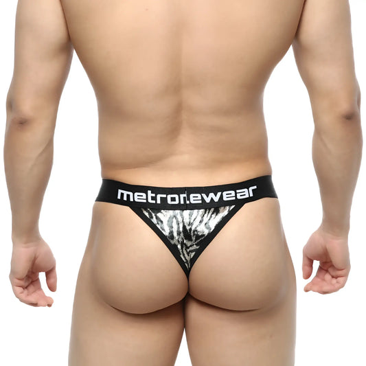 Black and silver zebra-print thong with metronewear branding on waistband metro malewear tiger thong 2912-61