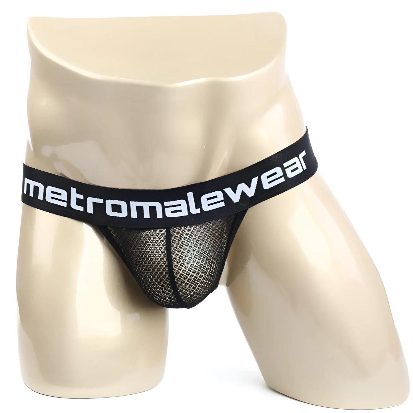 Black mesh briefs with black elastic waistband featuring metromalewear logo in white from metro malewear time thong tull 2902-30