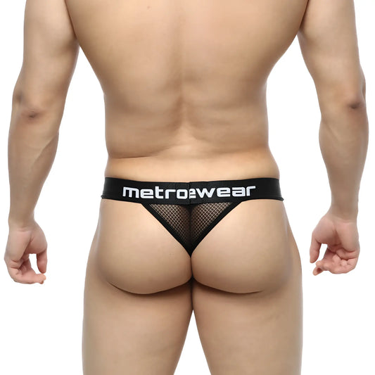 Black mesh thong with wide elastic waistband featuring metrowear logo in white by metromalewear time thong tull 2902-30