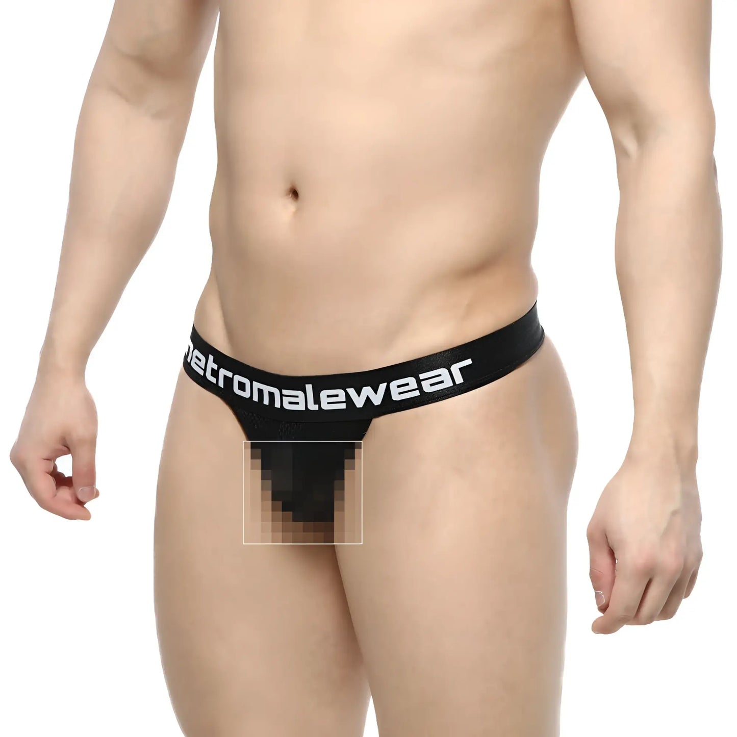 Black mesh thong with wide elastic waistband featuring metromalewear logo from MetroMaleWear Time Thong Tull 2902-30