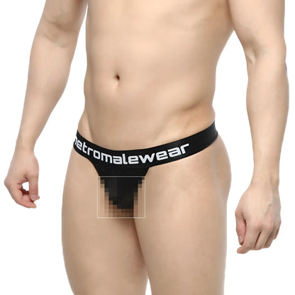 Black mesh thong with wide elastic waistband featuring metromalewear logo from MetroMaleWear Time Thong Tull 2902-30