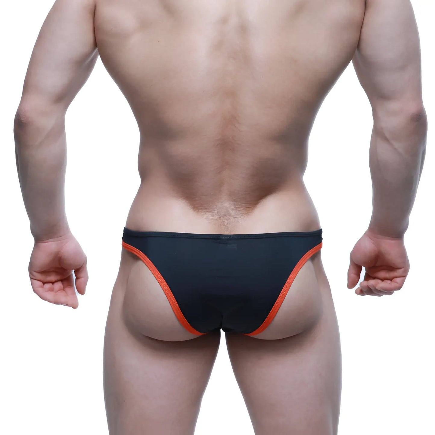 Black swim trunks with vibrant orange trim along sides and waistband from MetroMaleWear TOP Bikini Coral 6114-21