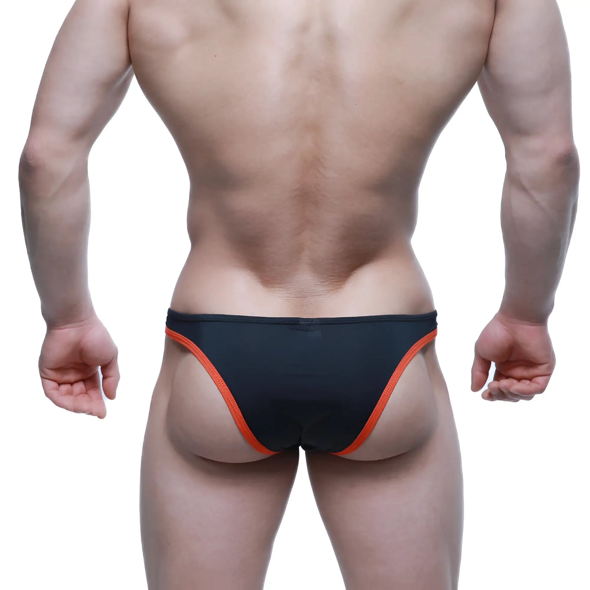 Black swim trunks with vibrant orange trim along sides and waistband from MetroMaleWear TOP Bikini Coral 6114-21