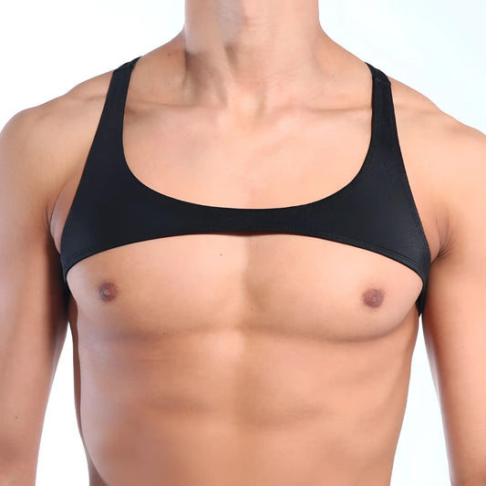 Black form-fitting tank top with wide shoulder straps and scoop neckline by MetroMaleWear, back view