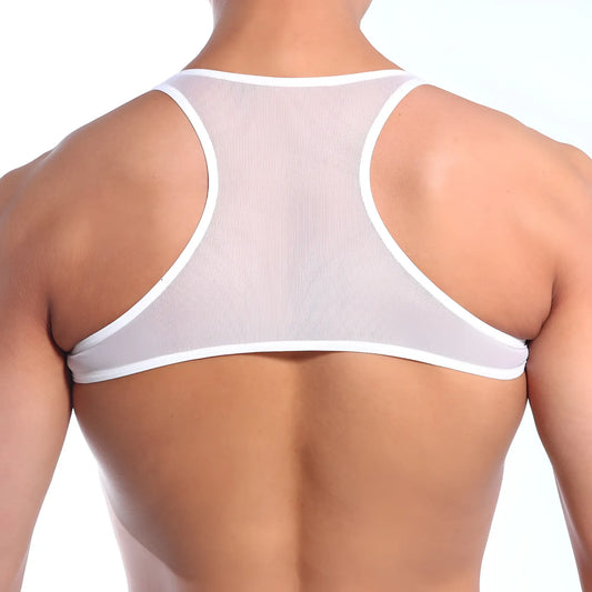 White mesh sports bra metro male wear top y 3129-70 with thin supportive straps and seamless back design shown from back