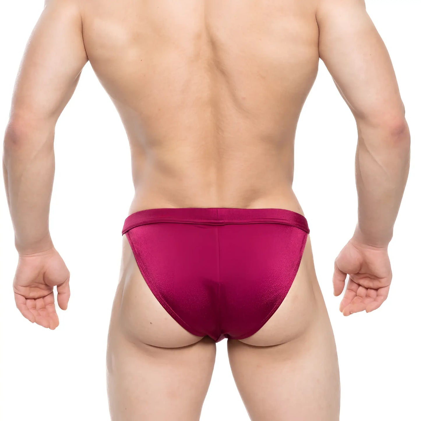 A sleek deep magenta satin finish metro malewear torres swim bikini burgundy 4993-29 front view