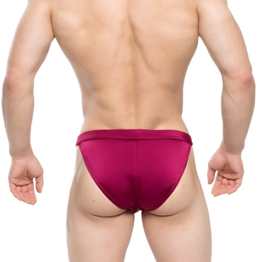 A sleek deep magenta satin finish metro malewear torres swim bikini burgundy 4993-29 front view