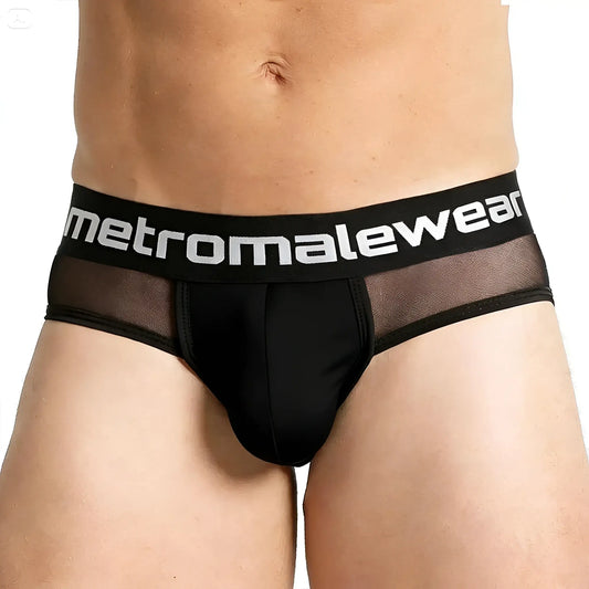 Black mesh briefs with a solid waistband featuring the white metromalewear logo.