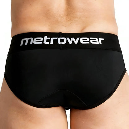 Black metrowear travis briefs with a white logo waistband offering comfortable everyday wear