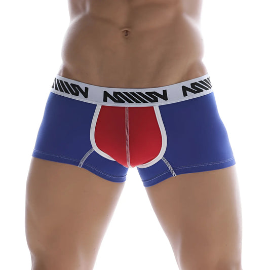 Blue and red athletic briefs with white waistband and black metro malewear logo text tricolor short boxer royal 7inch