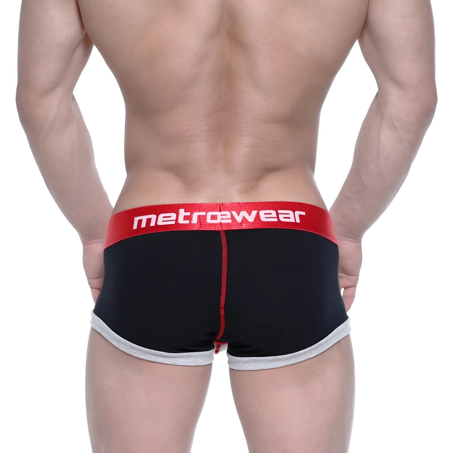 Black men’s briefs metroMalewear trio boxer black 3013-41 with red waistband metroMalewear logo and gray leg trim