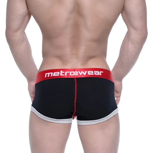 Black men’s briefs metroMalewear trio boxer black 3013-41 with red waistband metroMalewear logo and gray leg trim