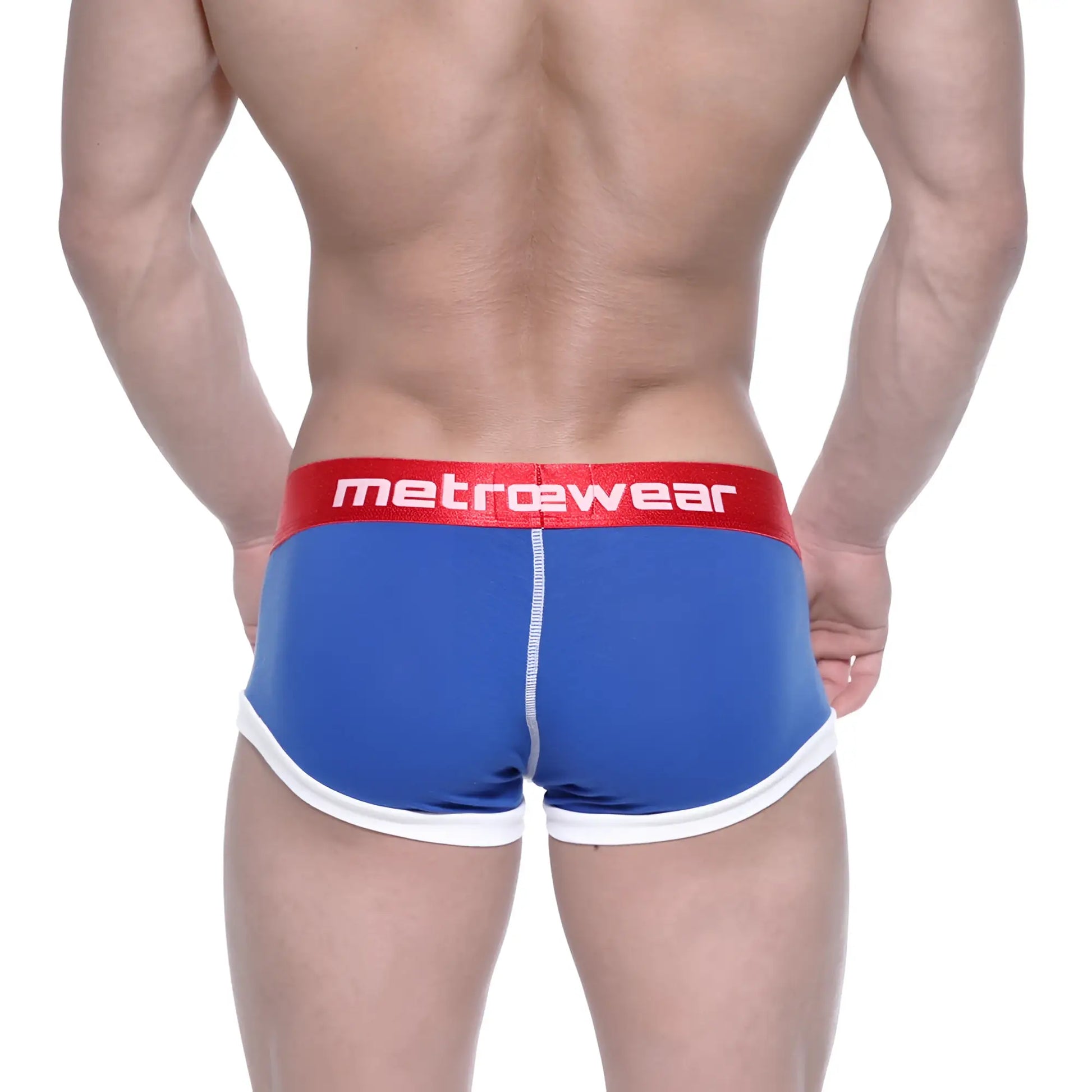Blue and white athletic briefs with a red metrowear logo waistband metroMalewear trio boxer royal blue 3013-40