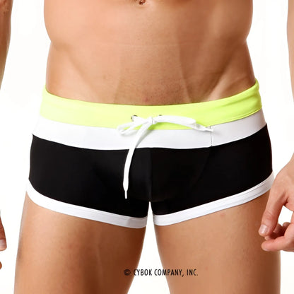 MetroMaleWear Trio swim trunk black 4913-20 with black and white stripes and neon yellow waistband and drawstring