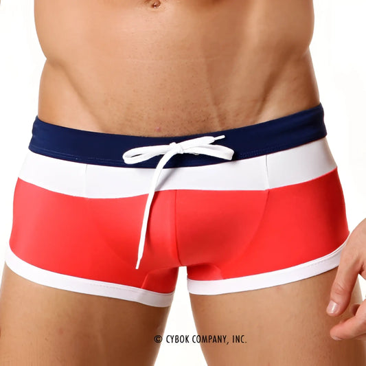 MetroMaleWear trio swim trunk red 4913-12 with red white and navy blue stripes and white drawstring for swimming